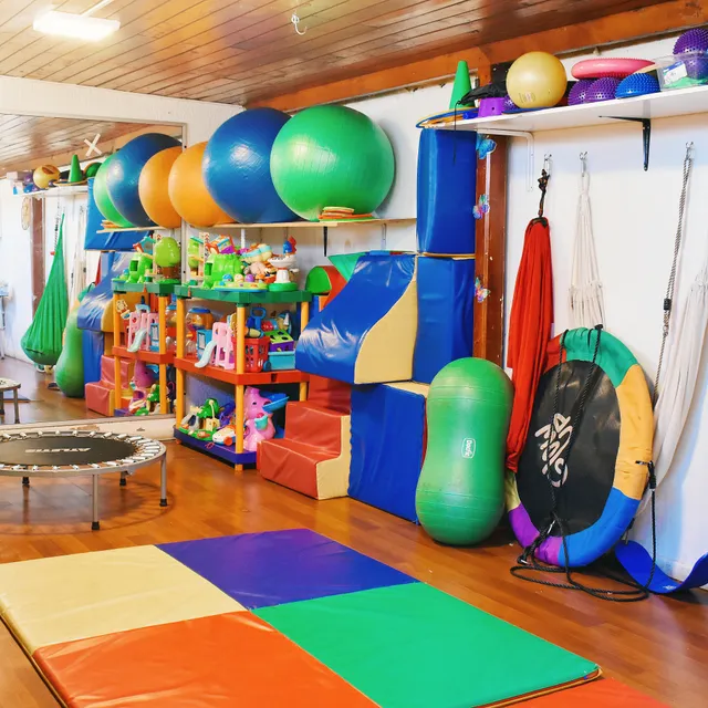 Gimnasio sensorial de NeuroVital con columpios, colchonetas y pelotas de terapia